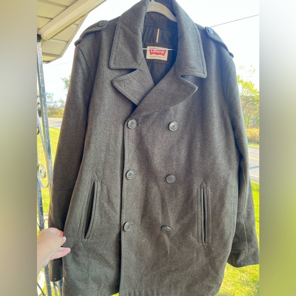 Levi's Men's XL Brown/Green Wool Dble-Breasted Wool-Blend Peacoat w/ Puffer Bib - Picture 1 of 7